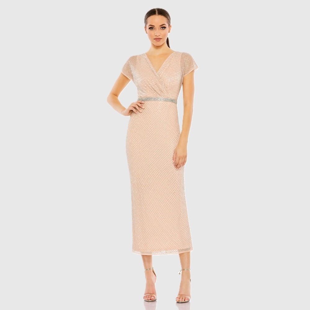 Mac Duggal Pink Beaded Wrap V-Neck Cap Sleeve Dress $598 93787